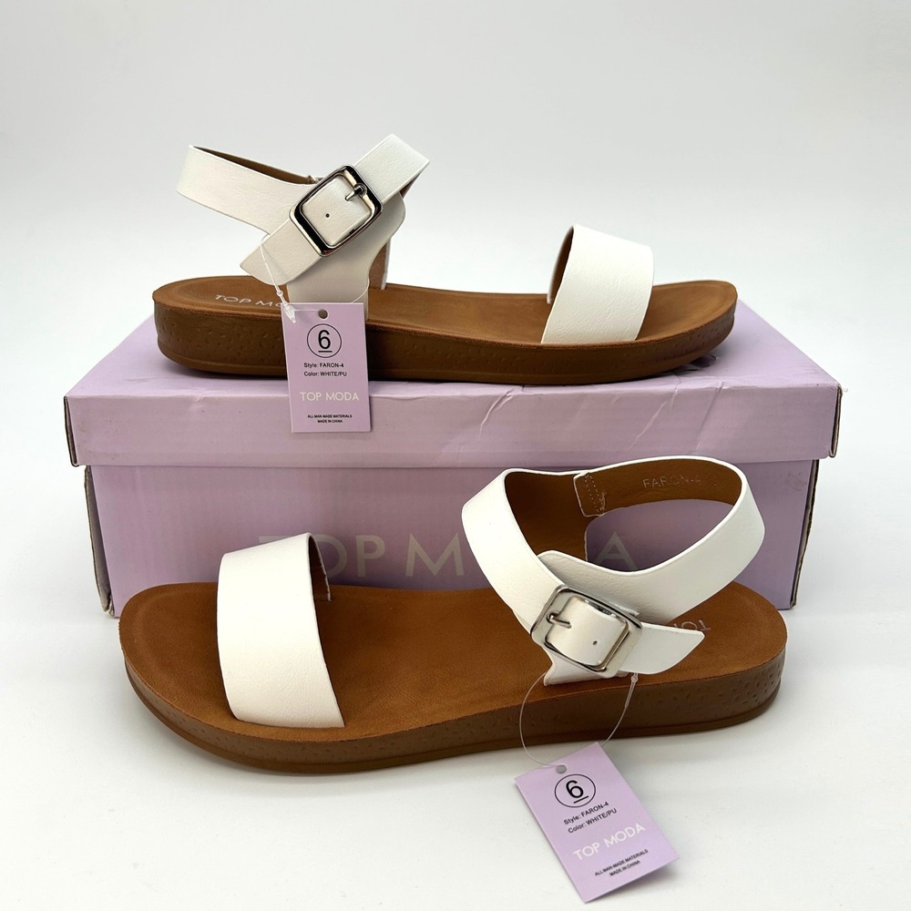 Womens Sandals Top Moda Faron Size 6 White Faux Leather Ankle Strap Flats NEW